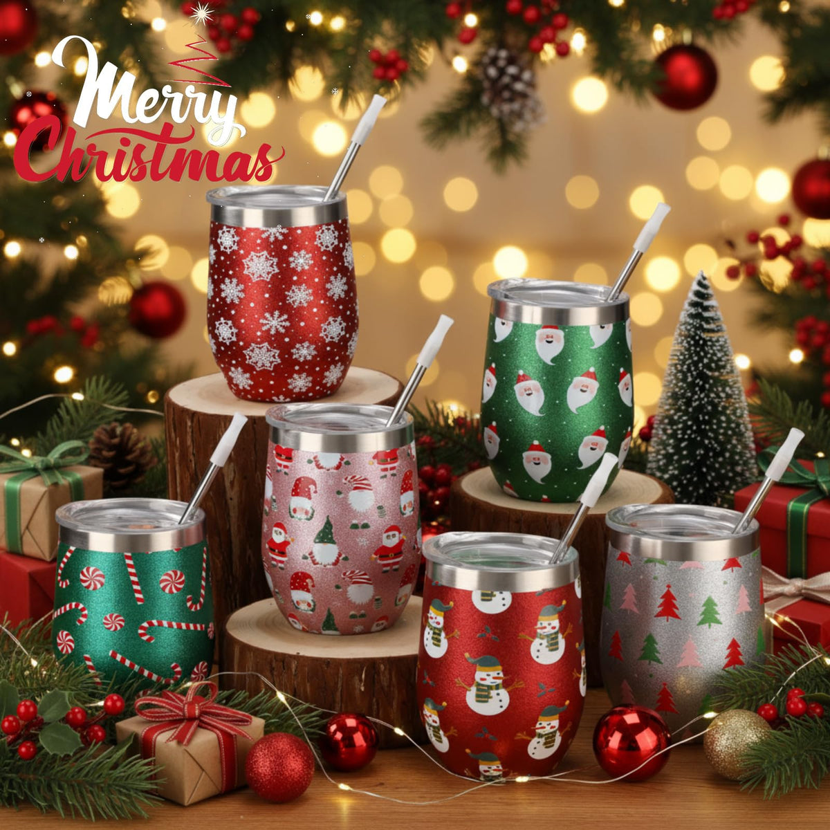 6 Pack Christmas Glitter Tumblers 12oz (6 Count)
