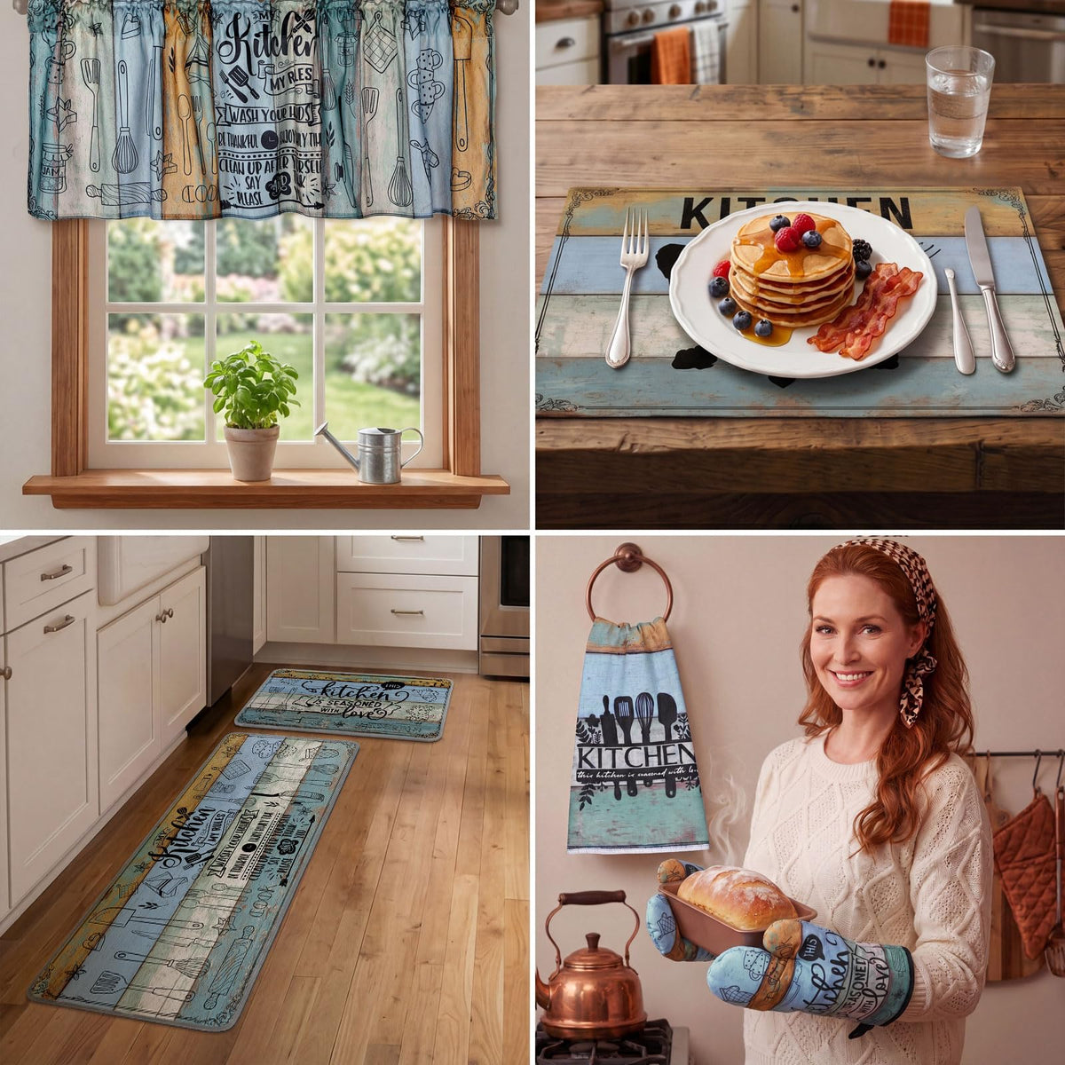 16 Pcs Farmhouse Kitchen Decor Set 4 Kitchen Towels 4 Placemats 2 Non Slip Rugs and Mats for Floor 2 Spring Oven Mitts Gloves 2 Pot Holders 2 Floral Curtains for Home Decoration Gift (16 Count)