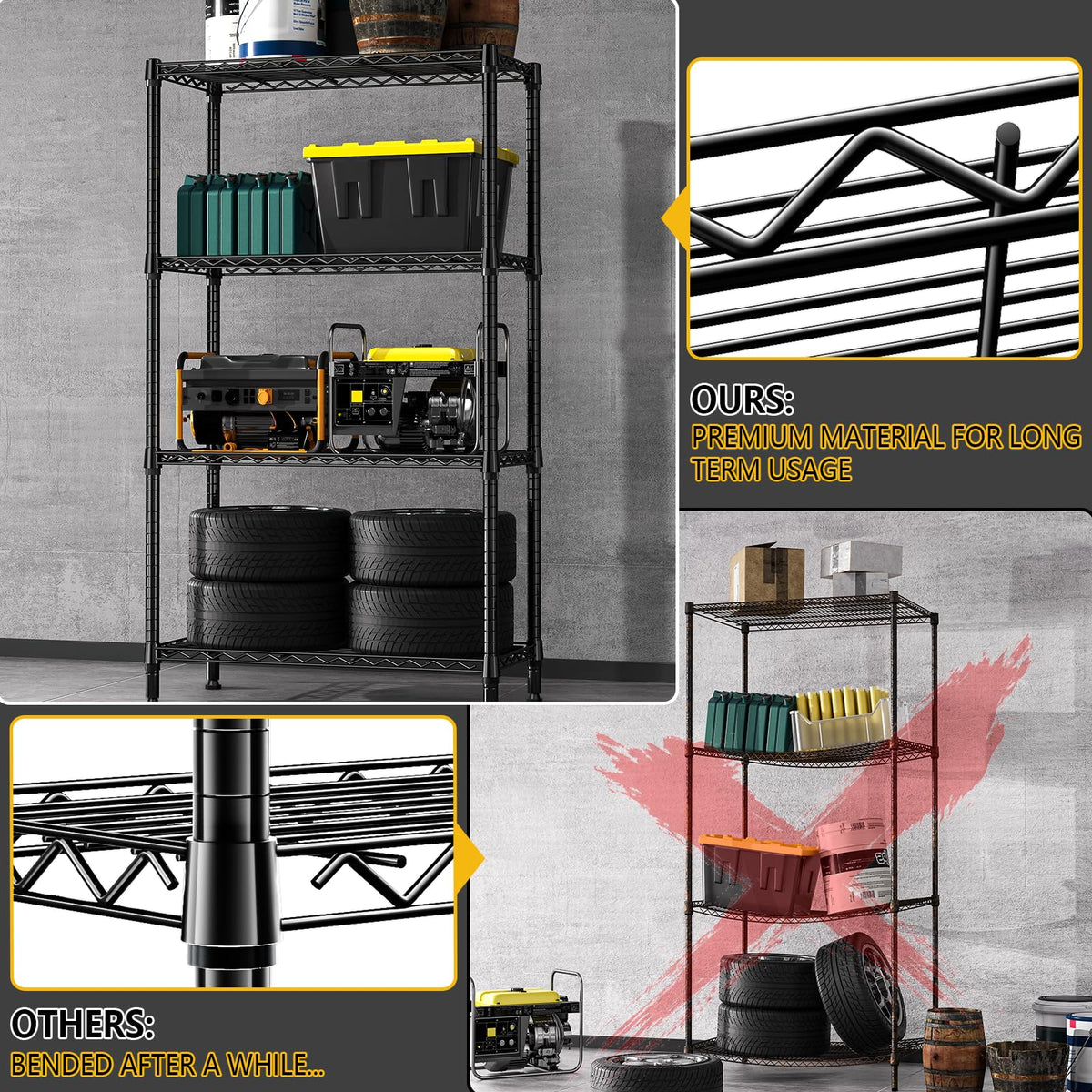 1000 lbs 4 Tier Shelf Metal Storage Shelves Shelving Wire Rack Heavy Duty Closet Organizers for Garage Kitchen Bathroom Laundry Black 15.7" D x 33.5" W x 59.5" H (4 Count)