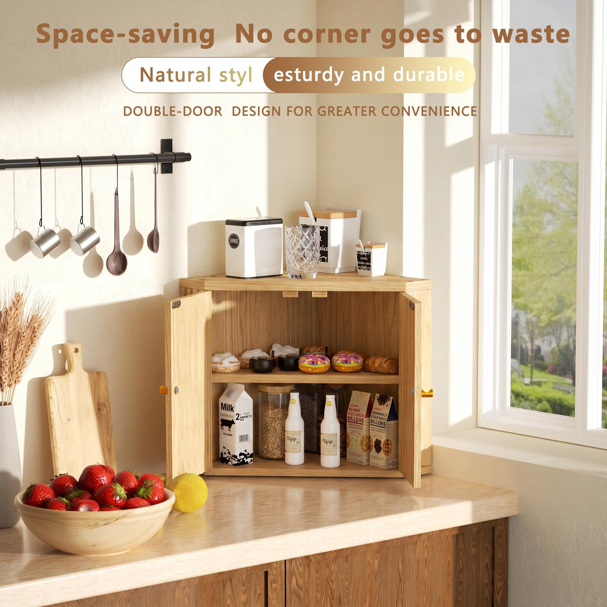 Natural Corner bread box for kitchen countertop