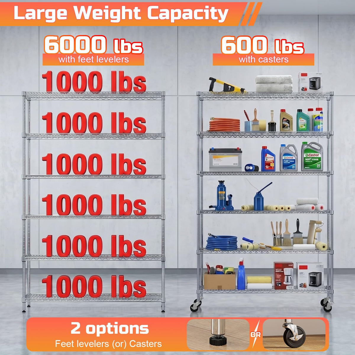 48 inch L×18 inch W×76 inch H Wire Shelving Unit Metal Shelf with 6 Tier Casters Adjustable Layer Rack Strong Steel for Restaurant Garage Pantry Kitchen Garage