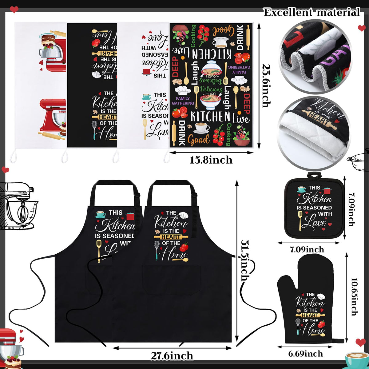 17 Pcs Farmhouse Kitchen Decor and Accessories Black Kitchen Sets Rug and Mat Oven Mitts and Pot Holders Apron Dish Towels Cute Wooden Spoons for Holiday Decoration Home Housewarming Gifts