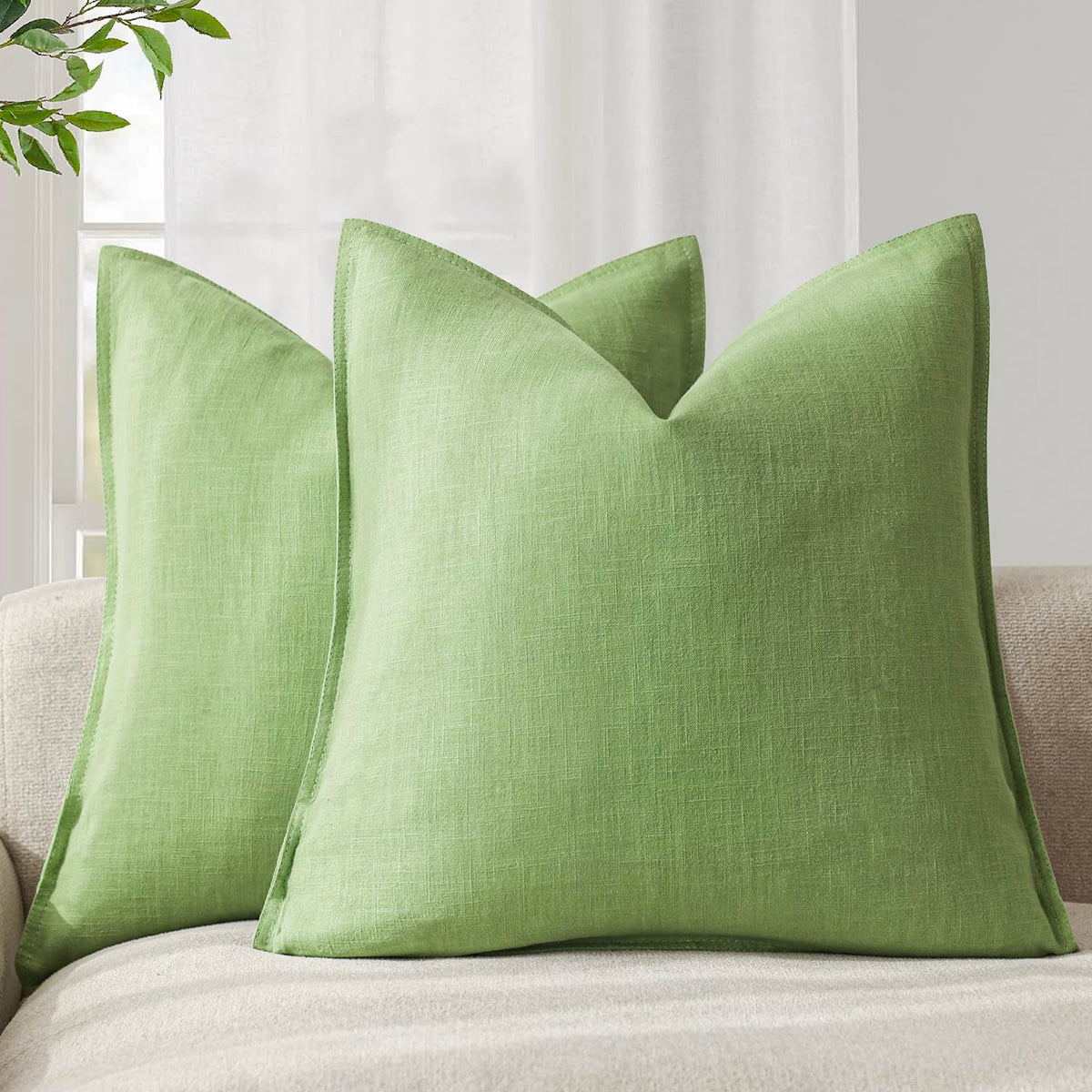 Pack of 2 Decorative Linen Solid Throw Pillow Covers Soft Accent Euro Cushion Case Boho Farmhouse Pillowcase for Chair Couch Sofa Bedroom Living Room Home Decor 18 x 18 Inch Lime Green