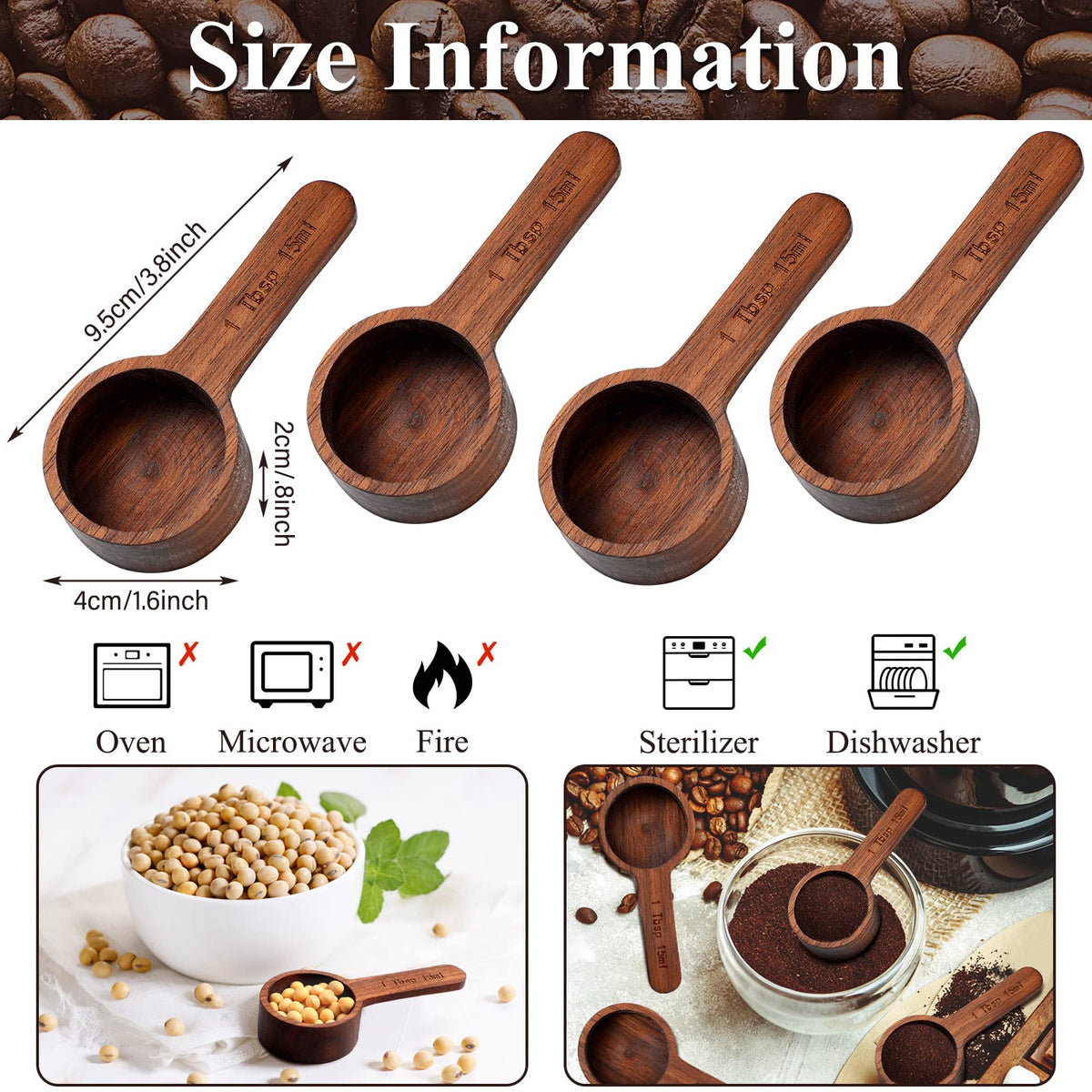 4 Pcs Coffee Wooden Scoop for Canisters Jars 15ml 1 Tablespoon (4 Count)