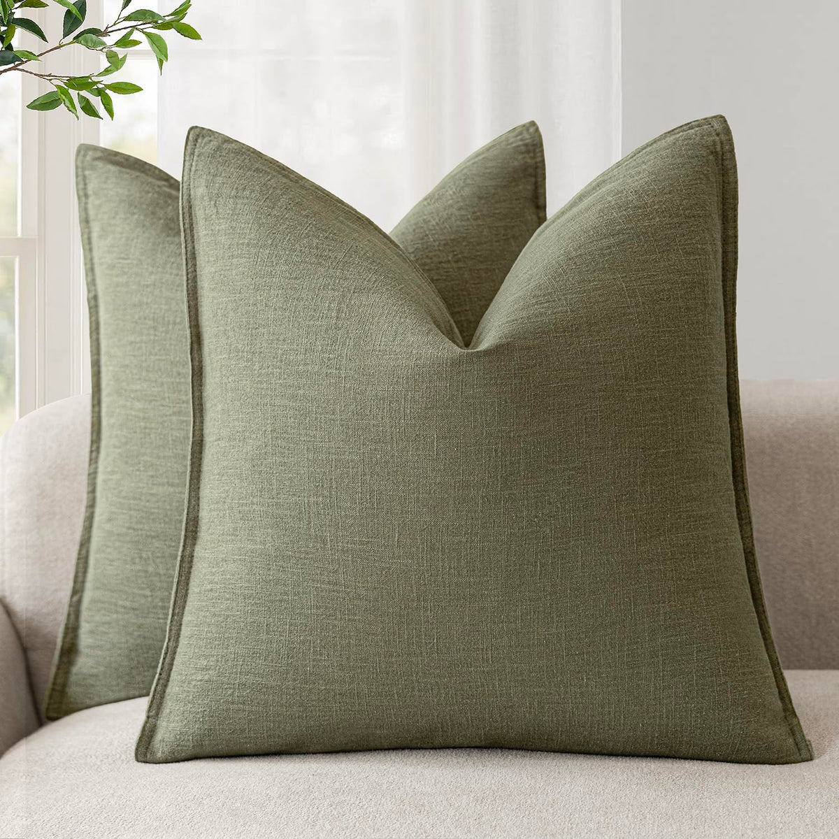 Pack of 2 Decorative Linen Solid Throw Pillow Covers Soft Accent Cushion Case Farmhouse Neutral Pillowcase for Chair Couch Sofa Bedroom Living Room Home Decor 20x20 Inch Olive Branch Green (2 Count)