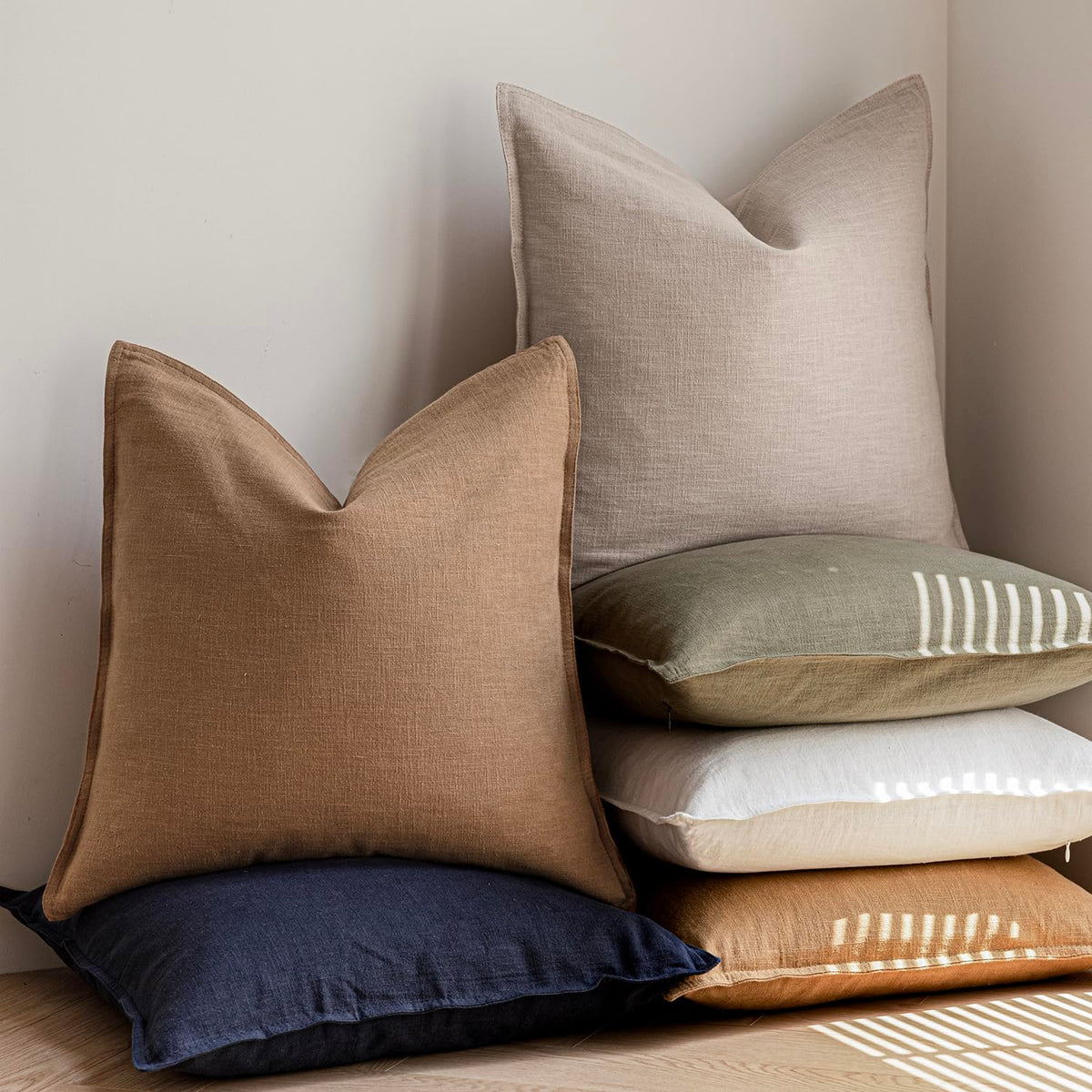 Pack of 2 Decorative Linen Soild Throw Pillow Covers Soft Accent Cushion Case Boho Farmhouse Pillowcase for Chair Couch Sofa Bedroom Living Room Home Decor 18 x 18 Inch Light Khaki Brown (2 Count)