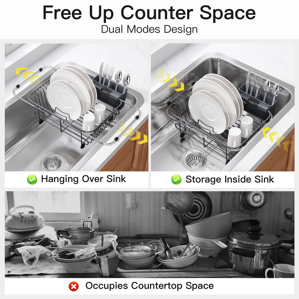 Gray Dish Drying Rack in Sink with Utensil Holder