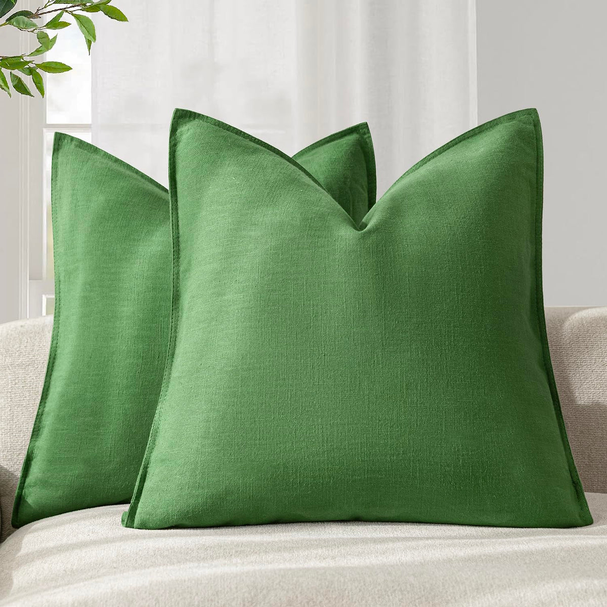 Pack of 2 Decorative Linen Solid Throw Pillow Covers Soft Accent Euro Cushion Case Boho Farmhouse Pillowcase for Chair Couch Sofa Bedroom Living Room Home Decor 18 x 18 Inch Forest Green
