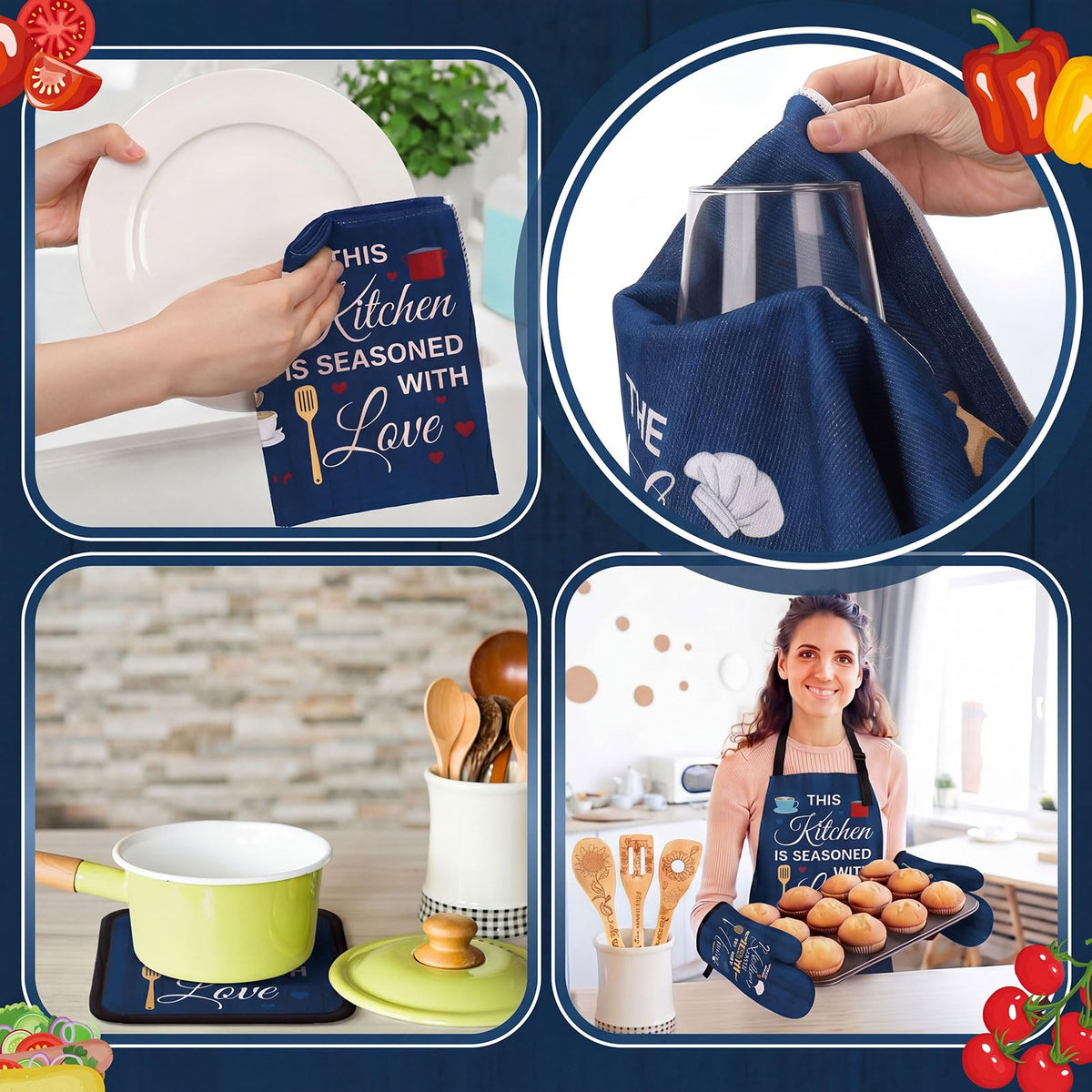 17 Pcs Blue Kitchen Decor and Accessories Blue Farmhouse Kitchen Set Rug and Mat Oven Mitts and Pot Holders Apron Dish Towels Cute Wooden Spoons for Holiday Decoration Home Housewarming Gift (17 Count)