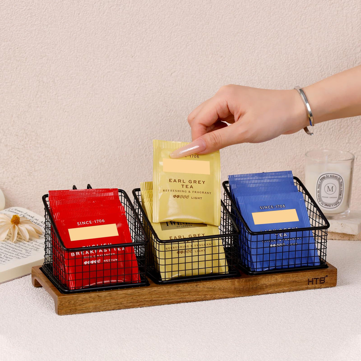 Acacia Wood Tea Bag Organizer with 3 Removable Metal Baskets