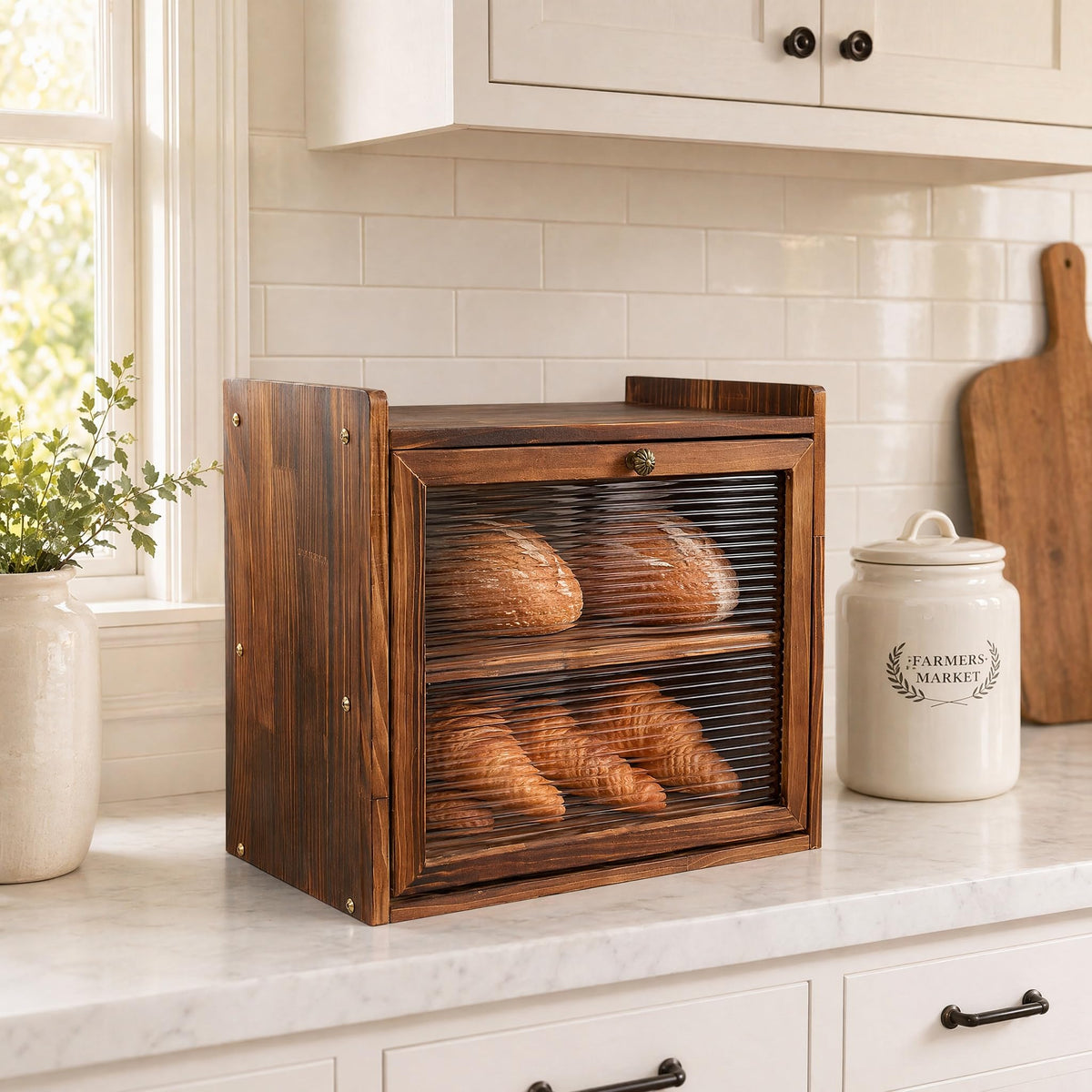 Farmhouse Wooden Bread Box with Fluted Glass Door