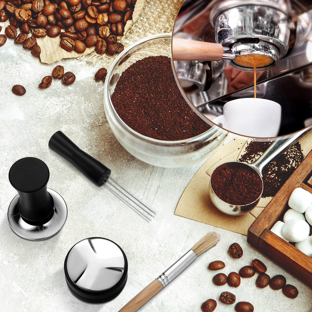 5 Pack 54 mm Espresso Accessories Kit Wooden Tamper Station Coffee Distributor Stirrer Tamping Mat with Brush