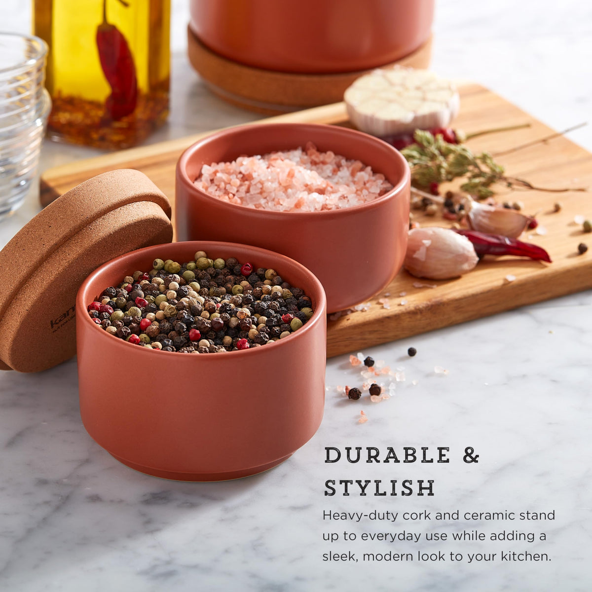Cork and Ceramic Stackable Salt and Pepper Cellar For Countertop Space Saving; Easy Lift Lid to Retain Freshness