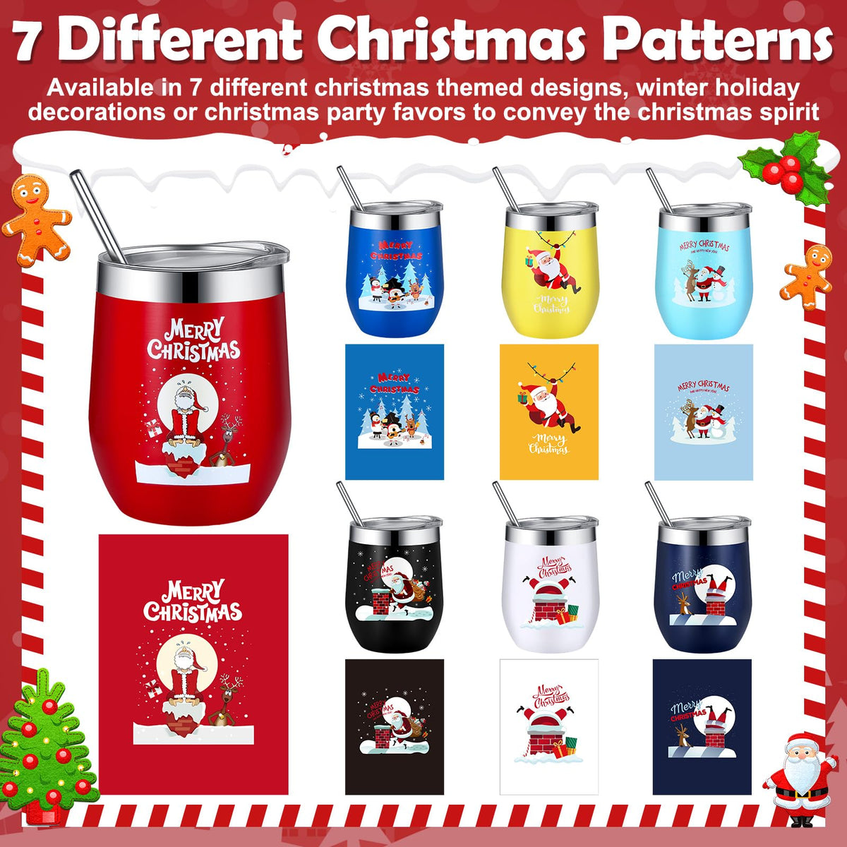 7 Set Christmas Wine Tumbler with Lid Straw Brush (9 Count)