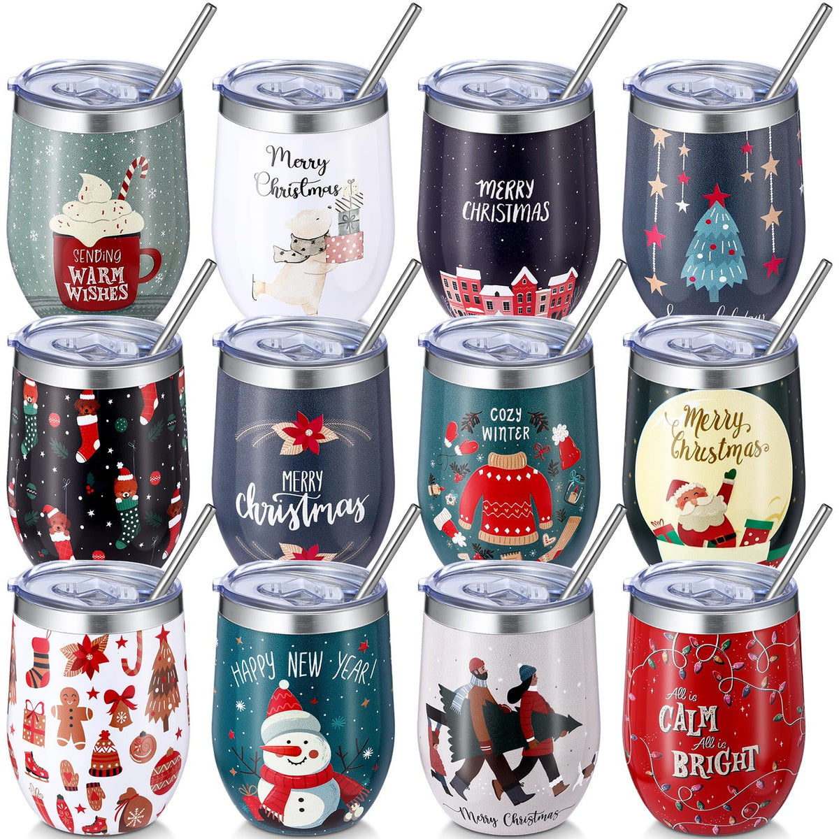 12 Pack Christmas Tumbler Bulk with Lid and Straw Brush (12 Count)