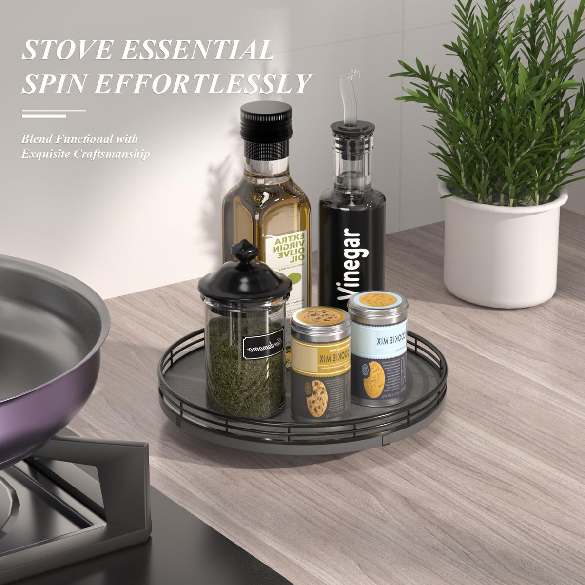 10 Inch Natural Slate Lazy Susan with Black Raised Iron Rim