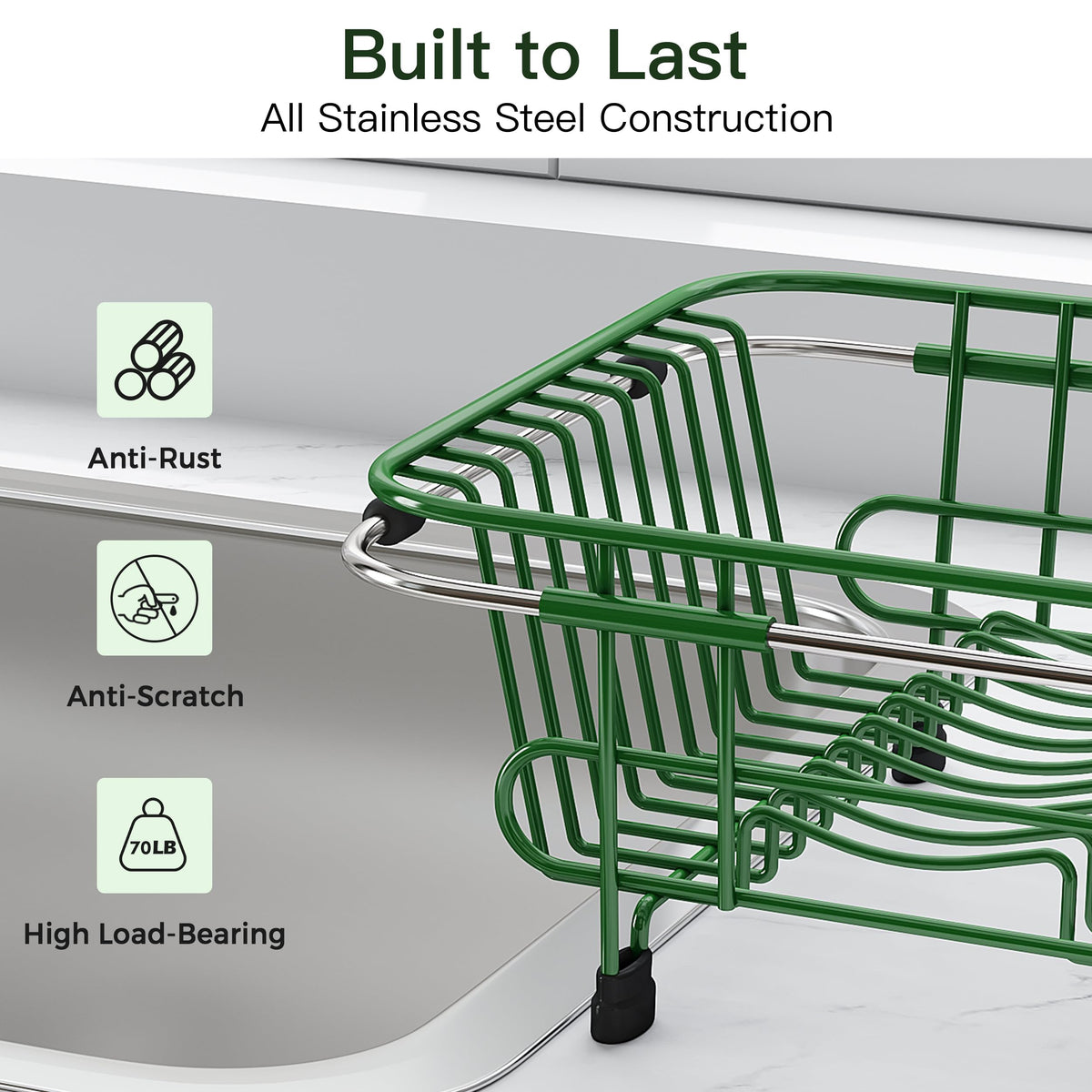 Green Dish Drying Rack in Sink with Utensil Holder