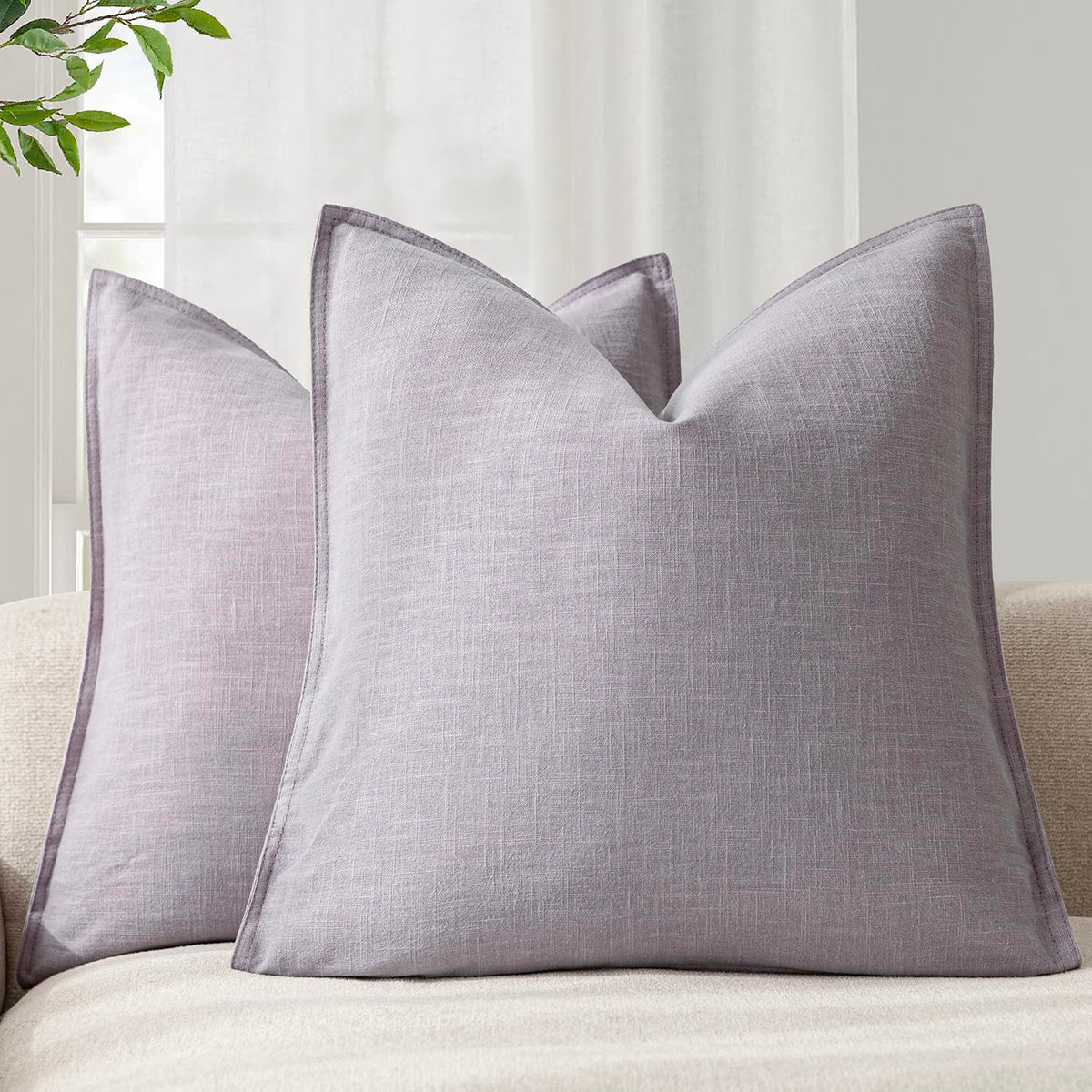 Pack of 2 Decorative Linen Solid Throw Pillow Covers Soft Accent Euro Cushion Case Boho Farmhouse Neutral Pillowcase for Couch Sofa Bedroom Living Room Home Decor 24 x 24 Inch Light Purple (2 Count)