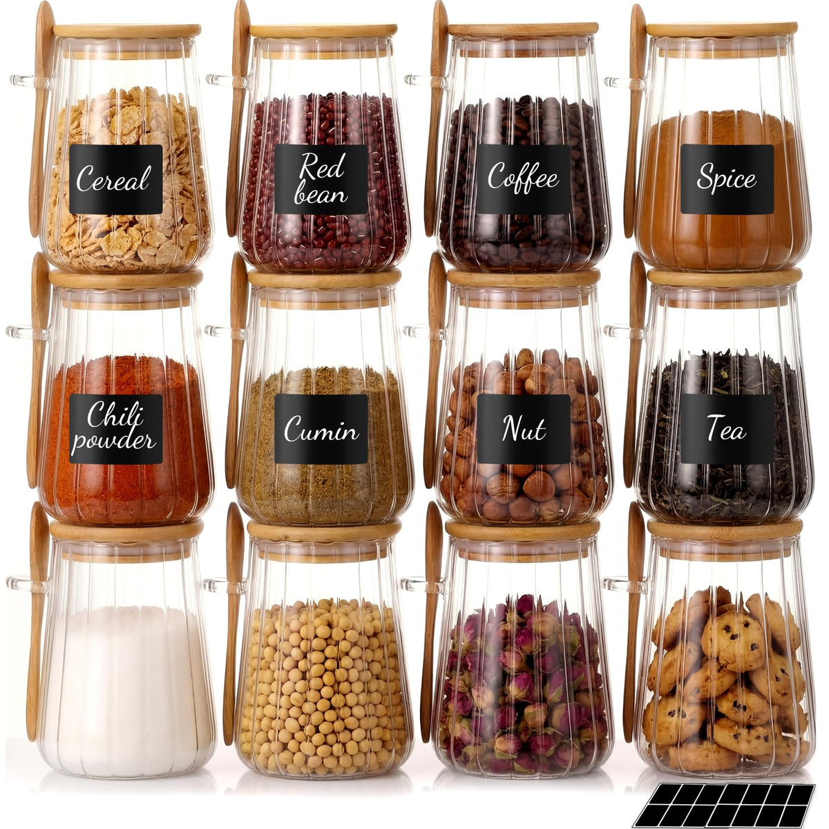Glass Jar Sugar Container with Bamboo Spoons Lids 24 oz Large Sugar Container Glass Coffee Bowls Canister Coffee Bar Accessories with Labels Preprinted for Salts Tea Spice (12 Count)