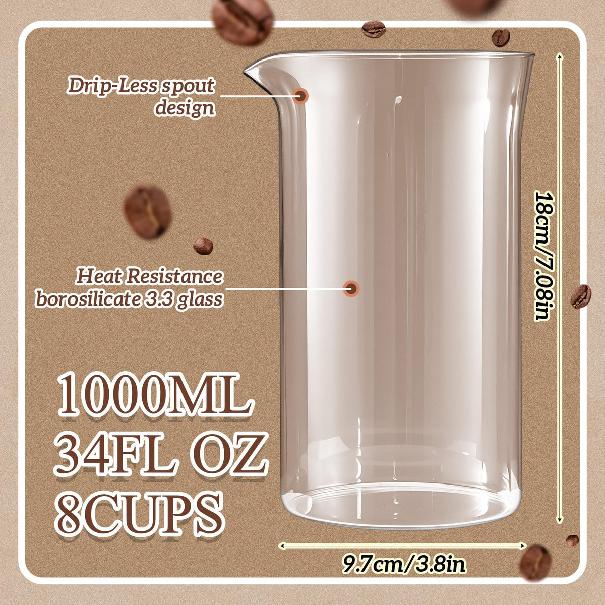 2 Pcs 34 oz French Press Replacement Glass Universal Replacement Beaker for French Press Tea and Coffee Makers Borosilicate 3.3 Glass Spare Carafe (2 Count)