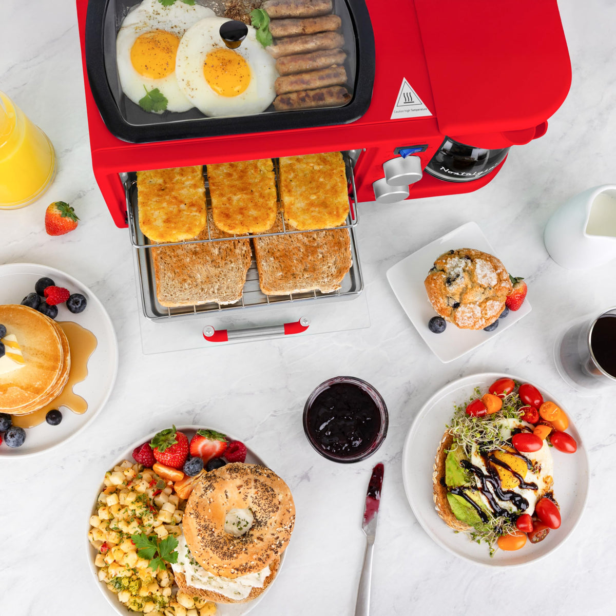 3-in-1 Retro Breakfast Station - Includes 5 (4 Oz) Cup Coffee Maker, Non-Stick Ceramic Griddle, and 4-Slice Toaster Oven - Built-In Timer, Reusable Coffee Filter, Space-Saving Design - Red