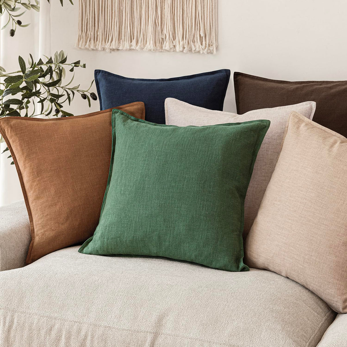 Set of 2 Decorative Linen Solid Throw Pillow Covers Soft Accent Euro Cushion Case Farmhouse Neutral Pillowcase for Chair Couch Sofa Bedroom Living Room Home Decor 20 x 20 Inch Pine Green