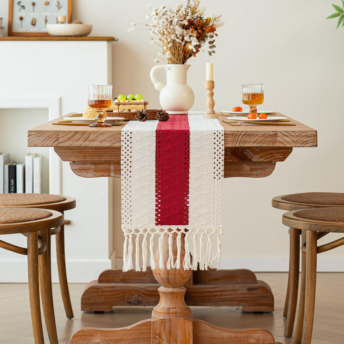 Boho Table Runner for Home Decor 12x72 Red Fall Coffee Table Decor (6 Foot)