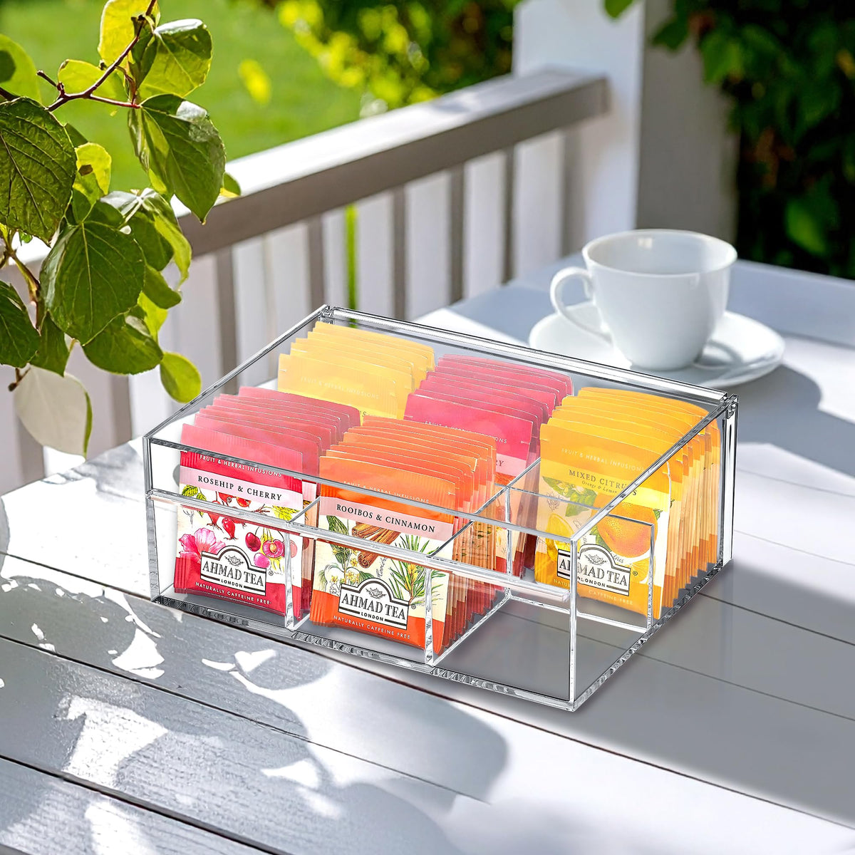 Tea-Rrific - Acrylic 6-Compartment Tea Bag Organizer, Clear Plastic Tea Box, 6-Slot Tea Chest, Perfect Tea Storage Solution for Kitchen Cabinet, Countertop, Pantry, and More (6 Count)