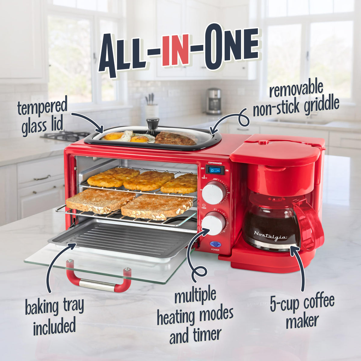 3-in-1 Retro Breakfast Station - Includes 5 (4 Oz) Cup Coffee Maker, Non-Stick Ceramic Griddle, and 4-Slice Toaster Oven - Built-In Timer, Reusable Coffee Filter, Space-Saving Design - Red