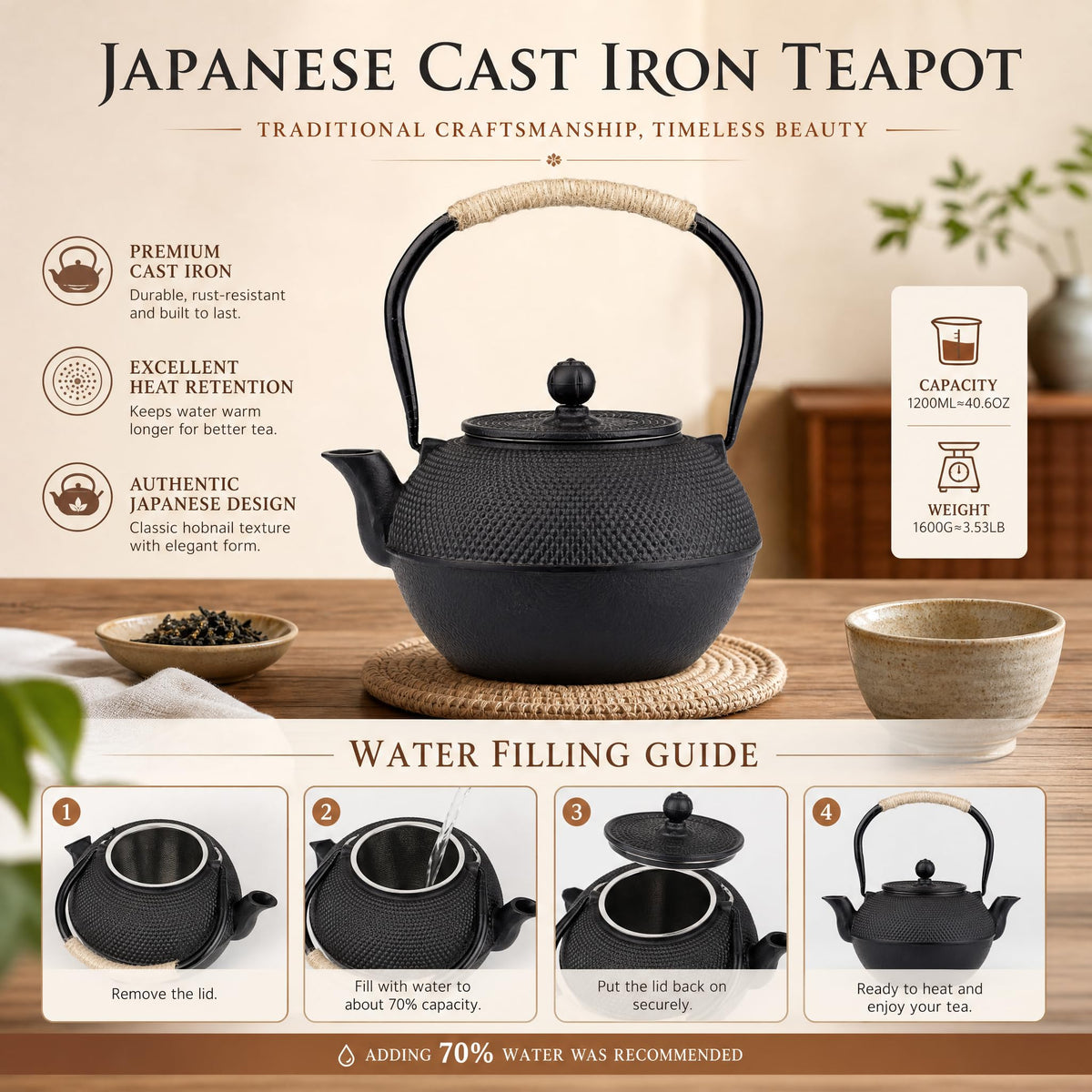 40oz Cast Iron Tea Kettle for Stovetop