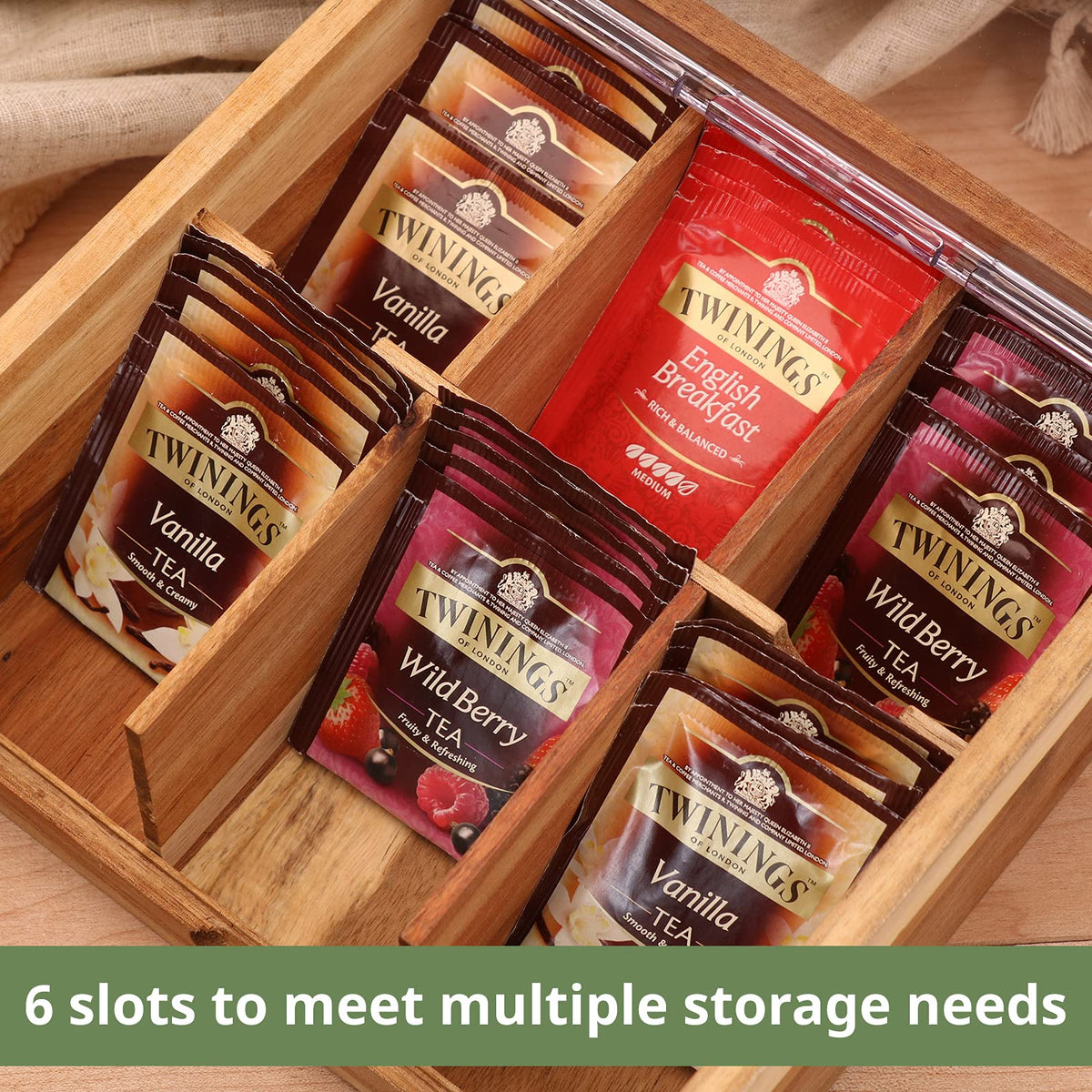 Acacia Wood Tea Bag Organizer Storage Box with 6 Compartments