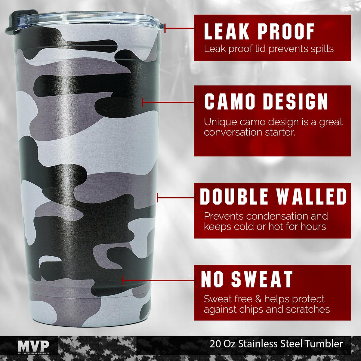 Black Camo 20oz Insulated Steel Tumbler with Leakproof Lid