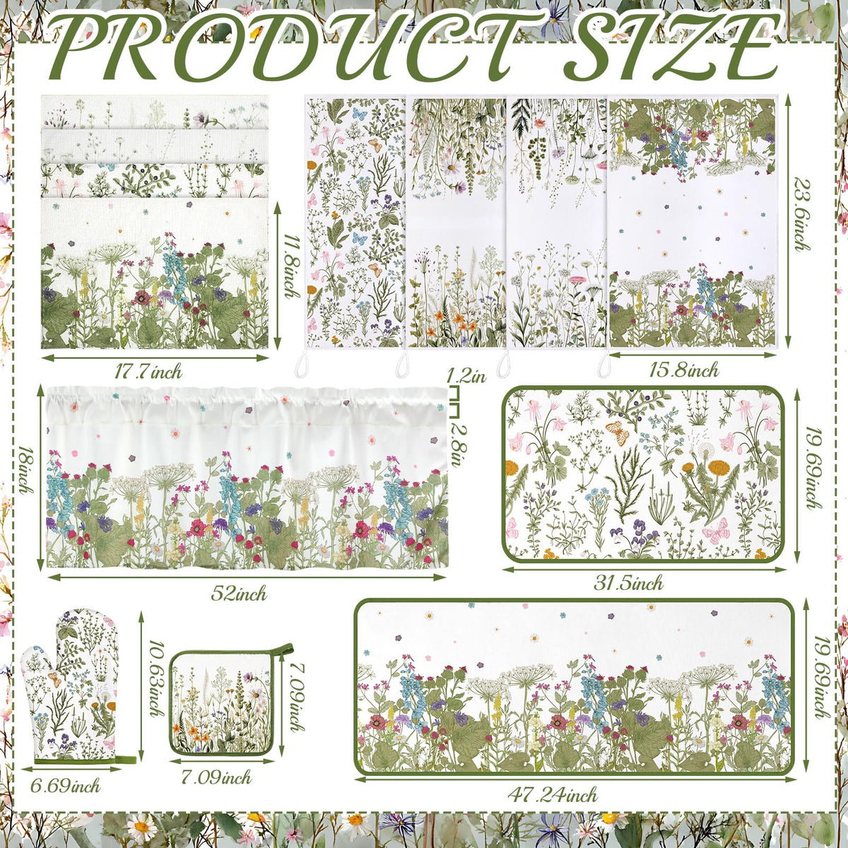 16 Pcs Wildflower Floral Kitchen Decor Set Spring Kitchen Towels and Dishcloth Non Slip Rug Floor Mat Farmhouse Flower Oven Mitts and Pot Holder Retro Curtain Set for Home Decoration Gift (16 Sq Ft)