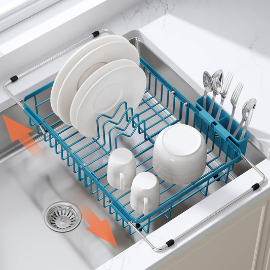 Blue Dish Drying Rack Over the Sink with Utensil Holder