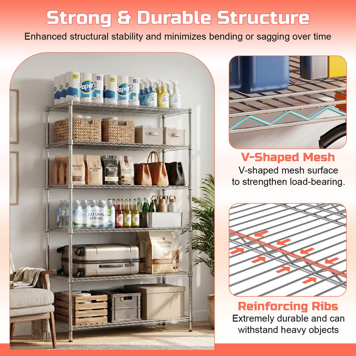 48 inch L×18 inch W×76 inch H Wire Shelving Unit Metal Shelf with 6 Tier Casters Adjustable Layer Rack Strong Steel for Restaurant Garage Pantry Kitchen Garage
