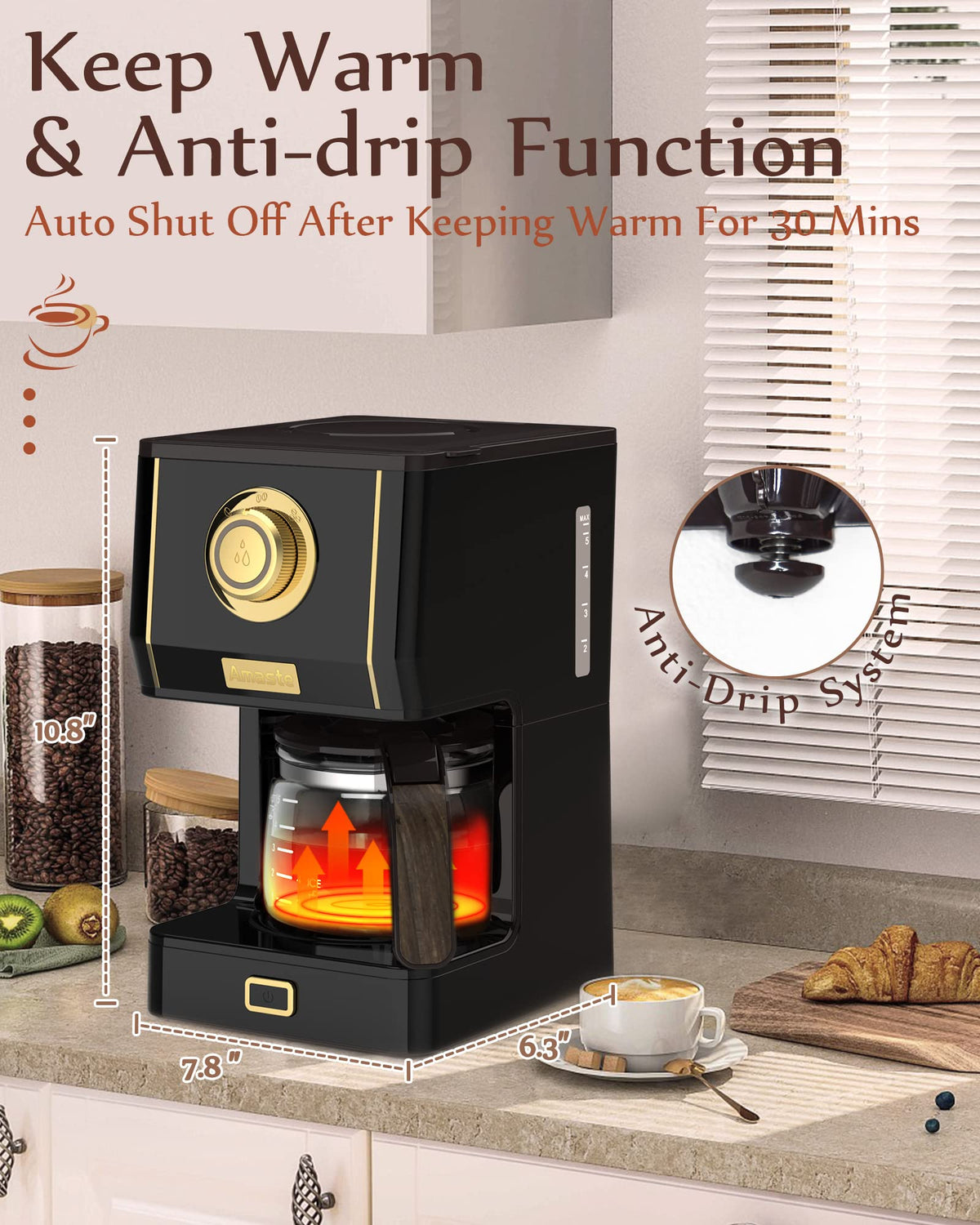 Coffee Maker 25 Oz Drip Retro Style Coffee Machine with Glass Coffee Pot with Reusable Coffee Filter & Three Brewing Modes