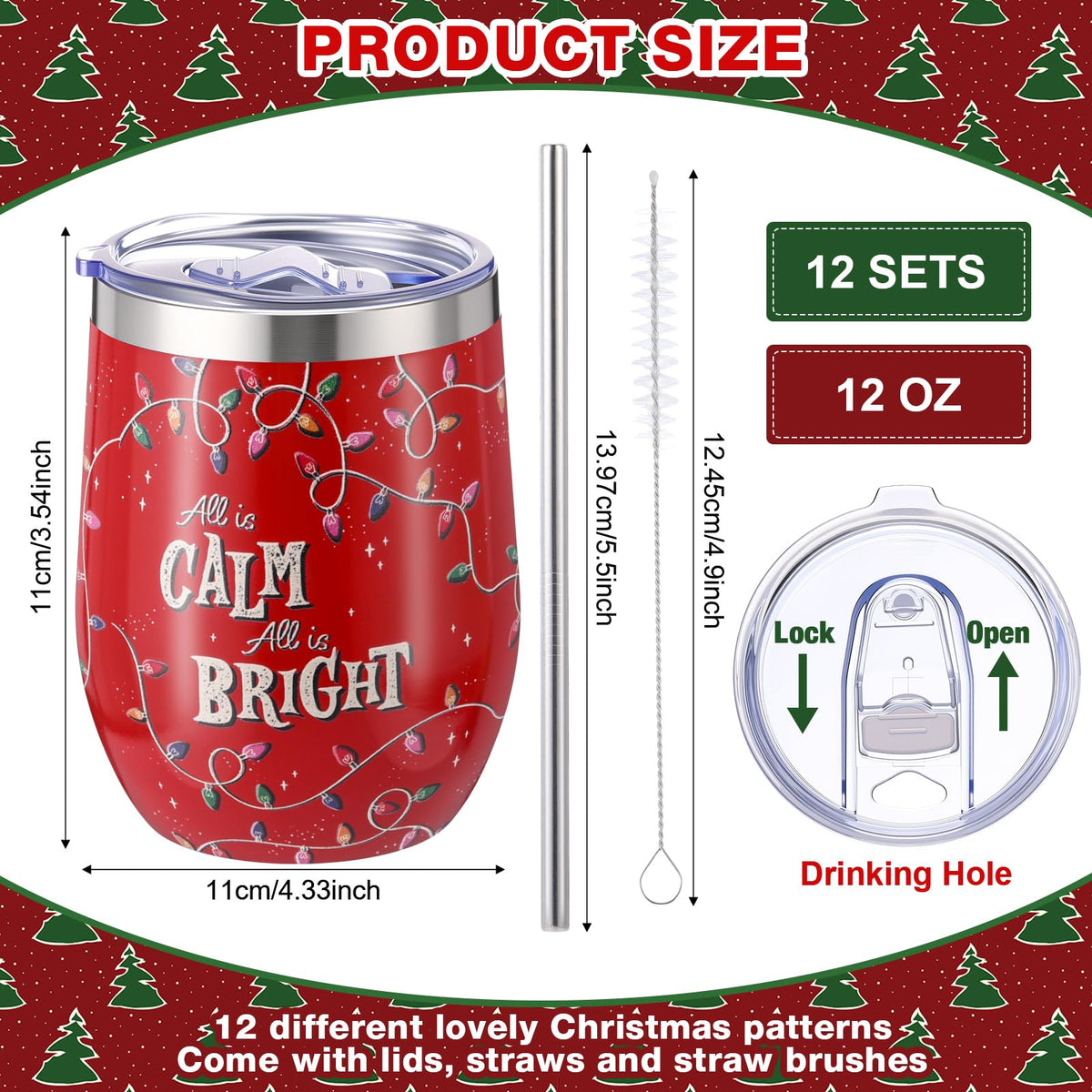 12 Pack Christmas Tumbler Bulk with Lid and Straw Brush (12 Count)