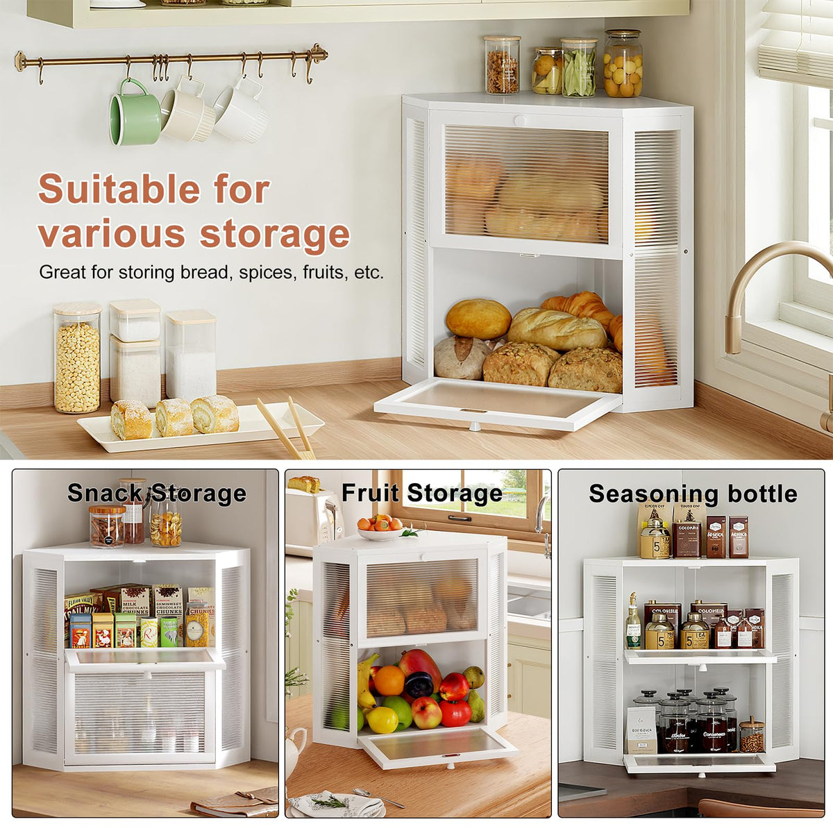Double Layer Corner Bread Box for Kitchen Countertop with 2 Doors