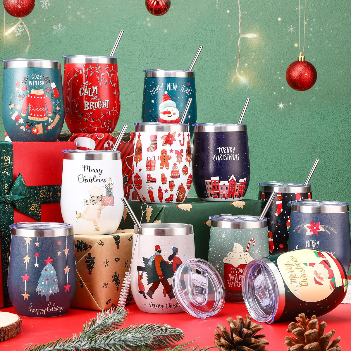12 Pack Christmas Tumbler Bulk with Lid and Straw Brush (12 Count)