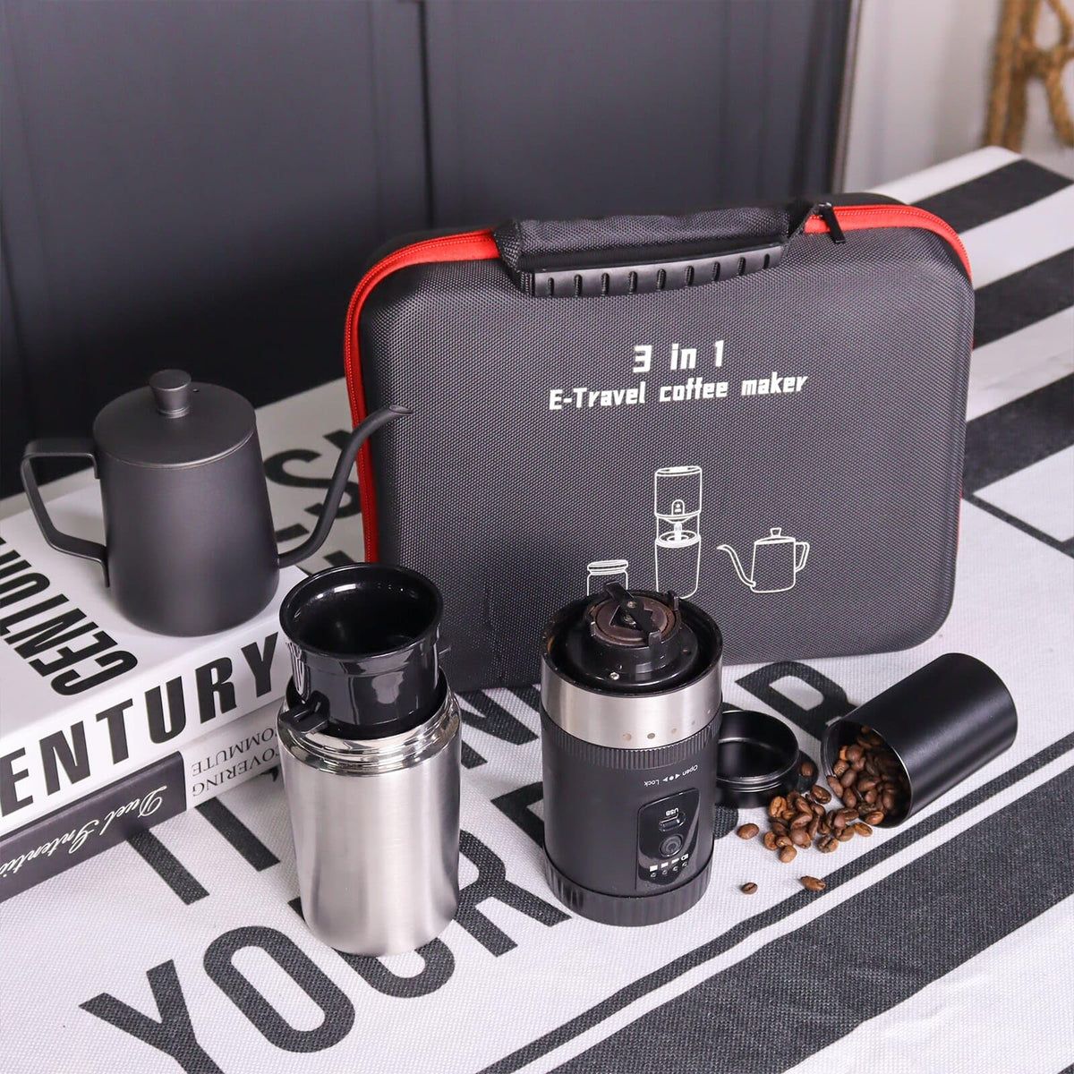 3 in 1 Portable Coffee Maker Set with Electric Burr Coffee Grinder Black Pour Over Kettle Coffee Bean Storage For Travel Hiking Picnic Camping