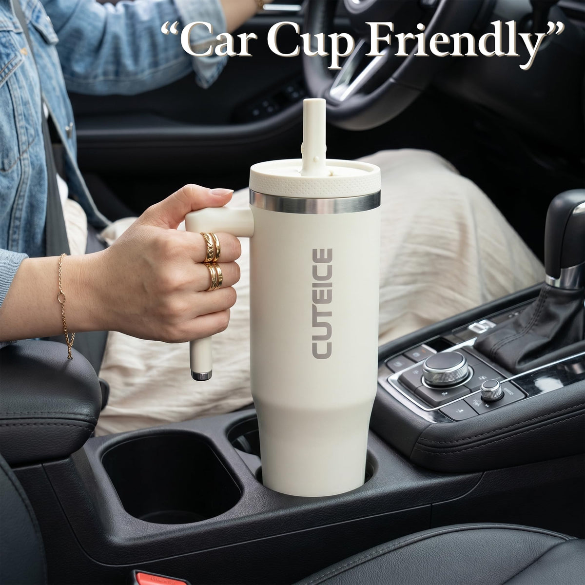 Cream 30 oz Insulated Tumbler with Handle Coffee Tumbler Cups with Lid and Straw