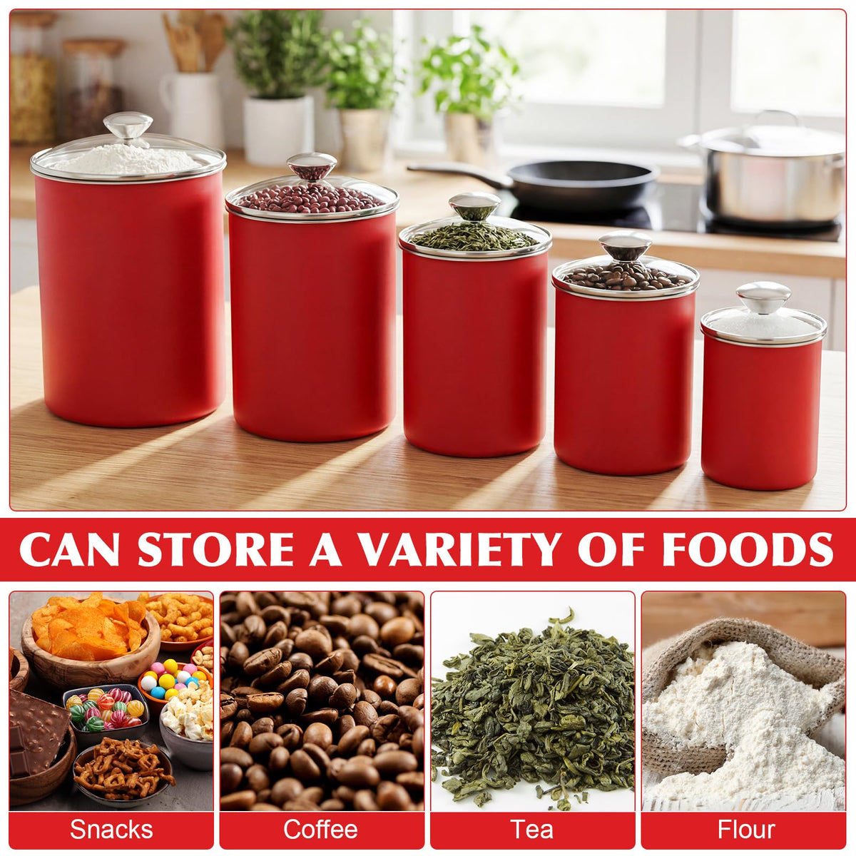 5 Pcs Stainless Steel Canister with Glass Lids Airtight Food Jar Storage Canister Set (5 Count)