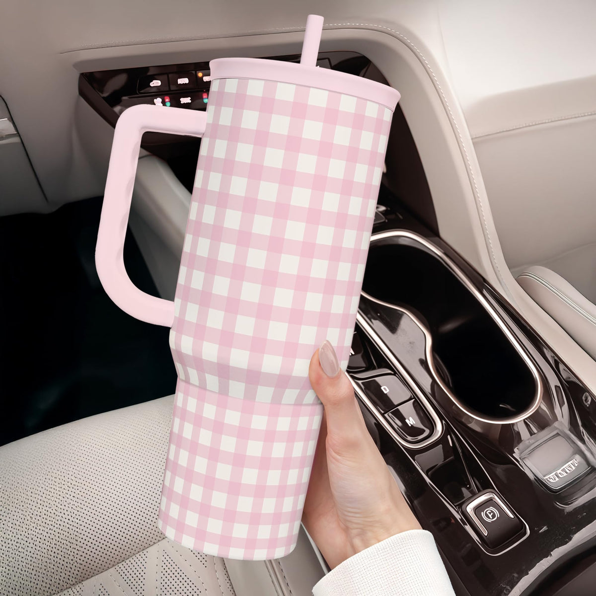 Pink Gingham 40oz Slider Tumbler with Handle and Straw