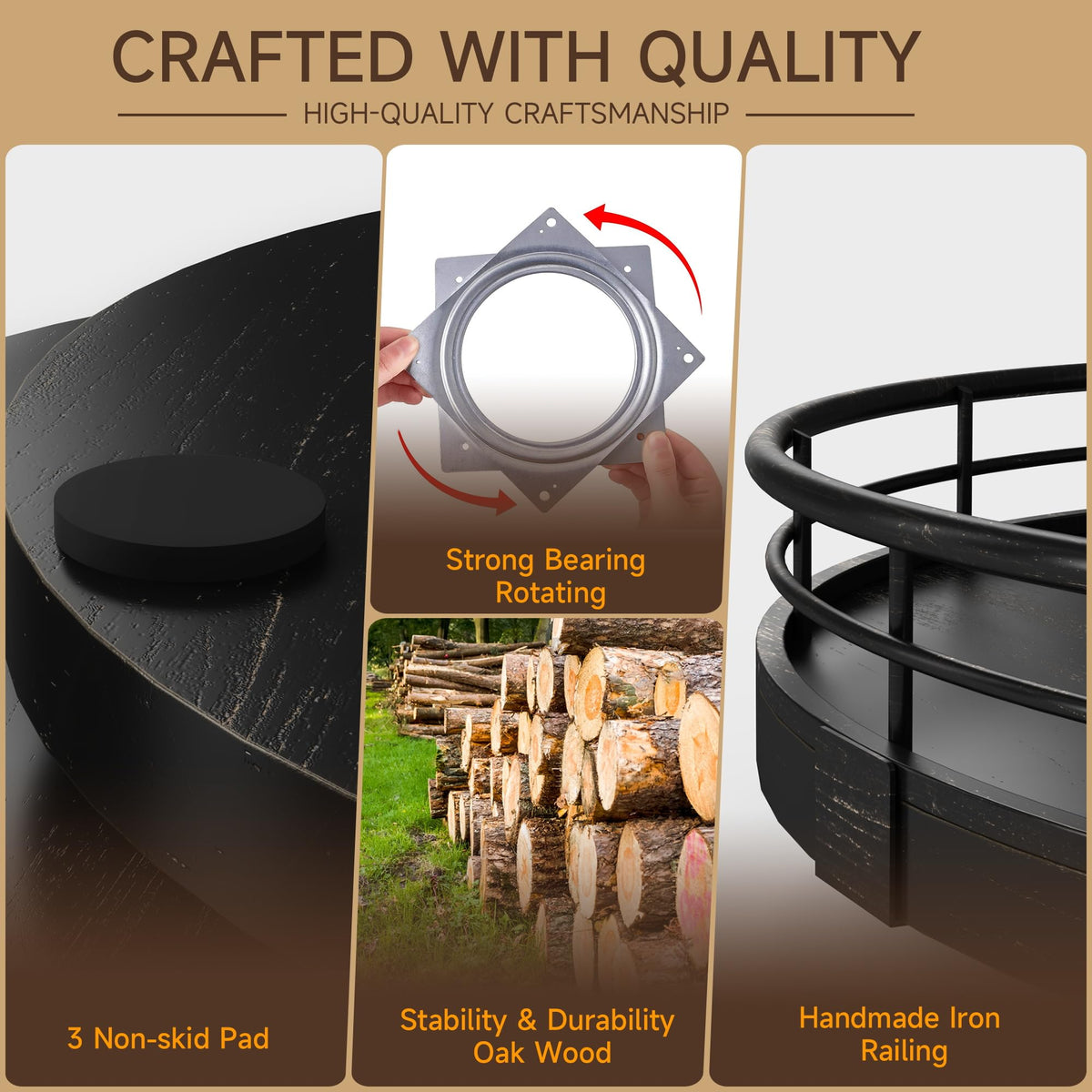 13 Inch Oak Lazy Susan Vanity Tray with Black Brushed Gold Finish Rail