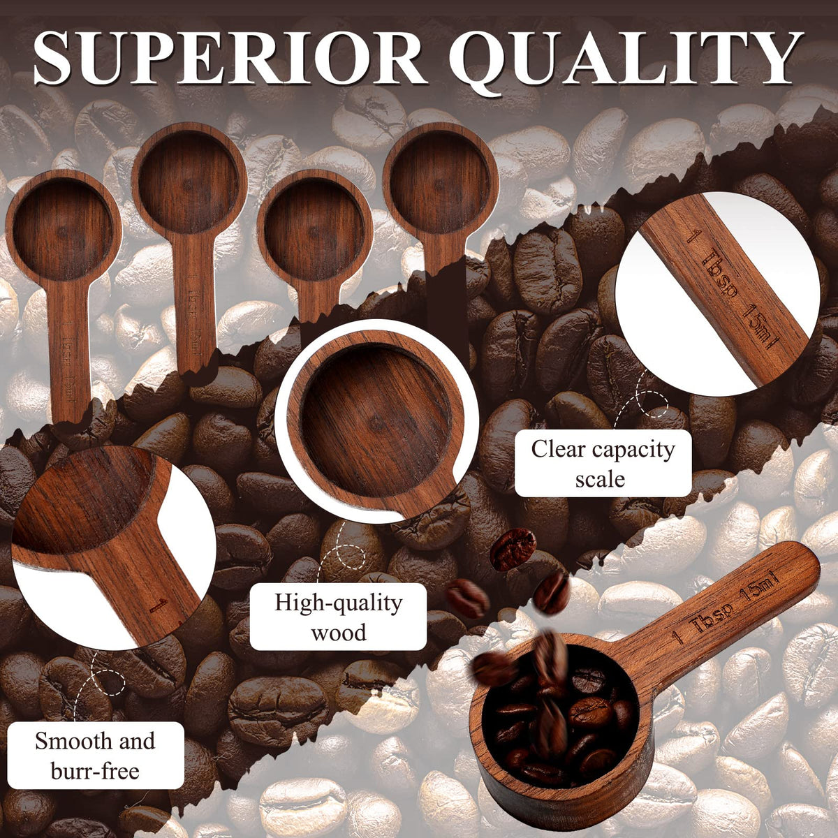 4 Pcs Coffee Wooden Scoop for Canisters Jars 15ml 1 Tablespoon (4 Count)
