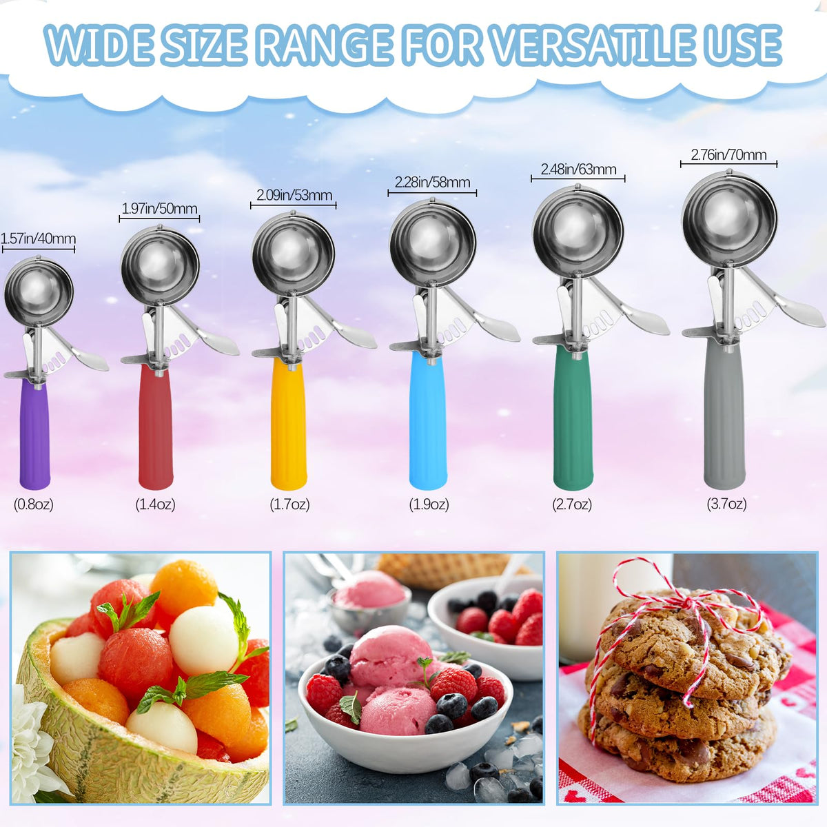 6 Pcs Ice Cream Scoops Stainless Steel Cookie Portion Scoop with Handle for Baking Food Cookie Dough Cupcake Batter