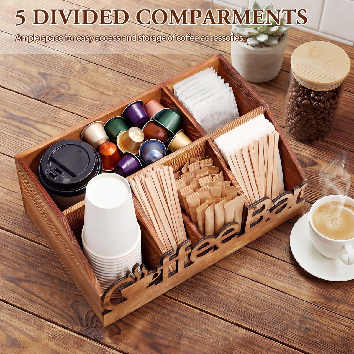 Coffee Station Organizer for Counter Wood Countertop Accessories Organizer Coffee Pods Holder Storage Basket for Pods Condiment Syrup Tea Cups Stirrers for Rustic Bar Decoration