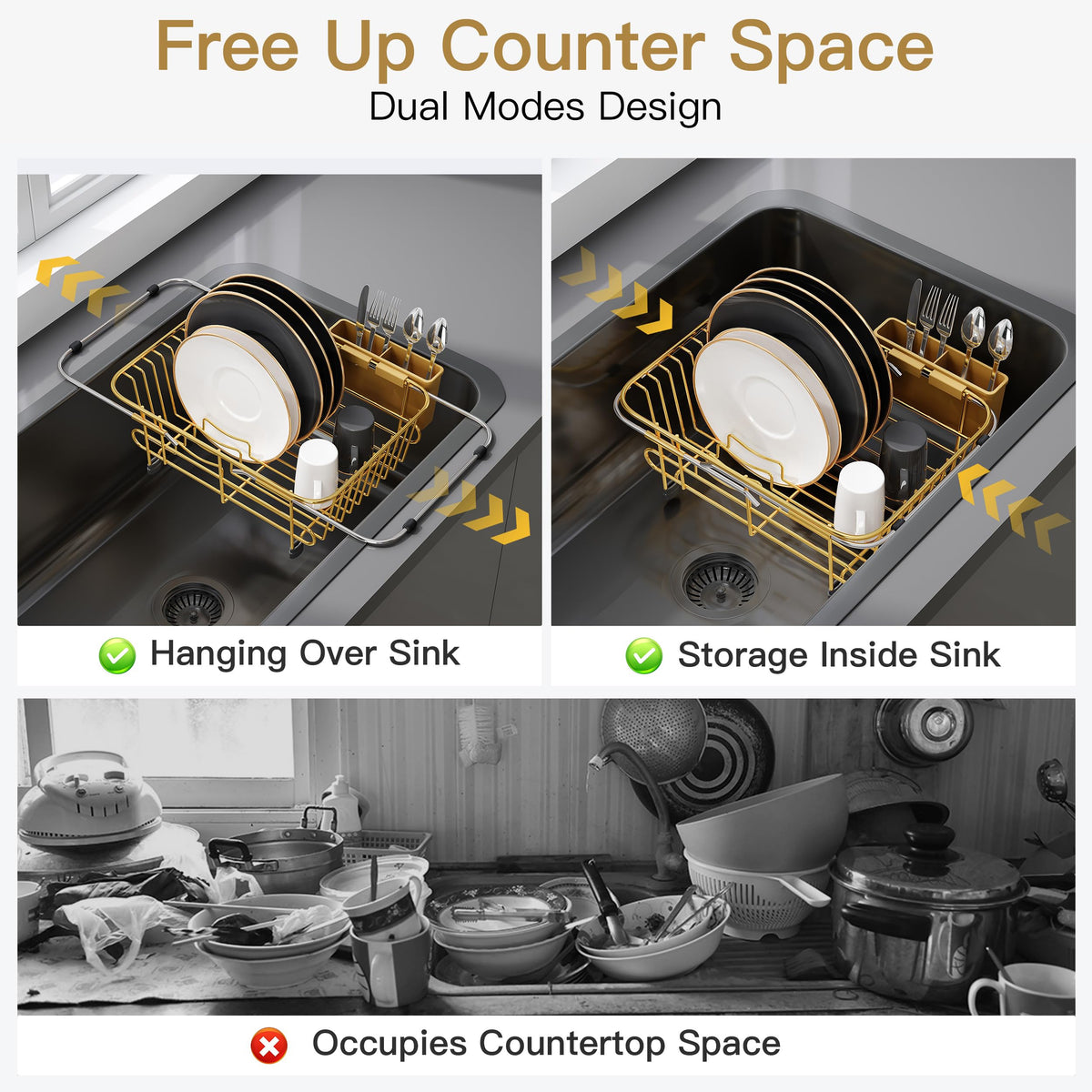 Gold Dish Drying Rack in Sink with Utensil Holder