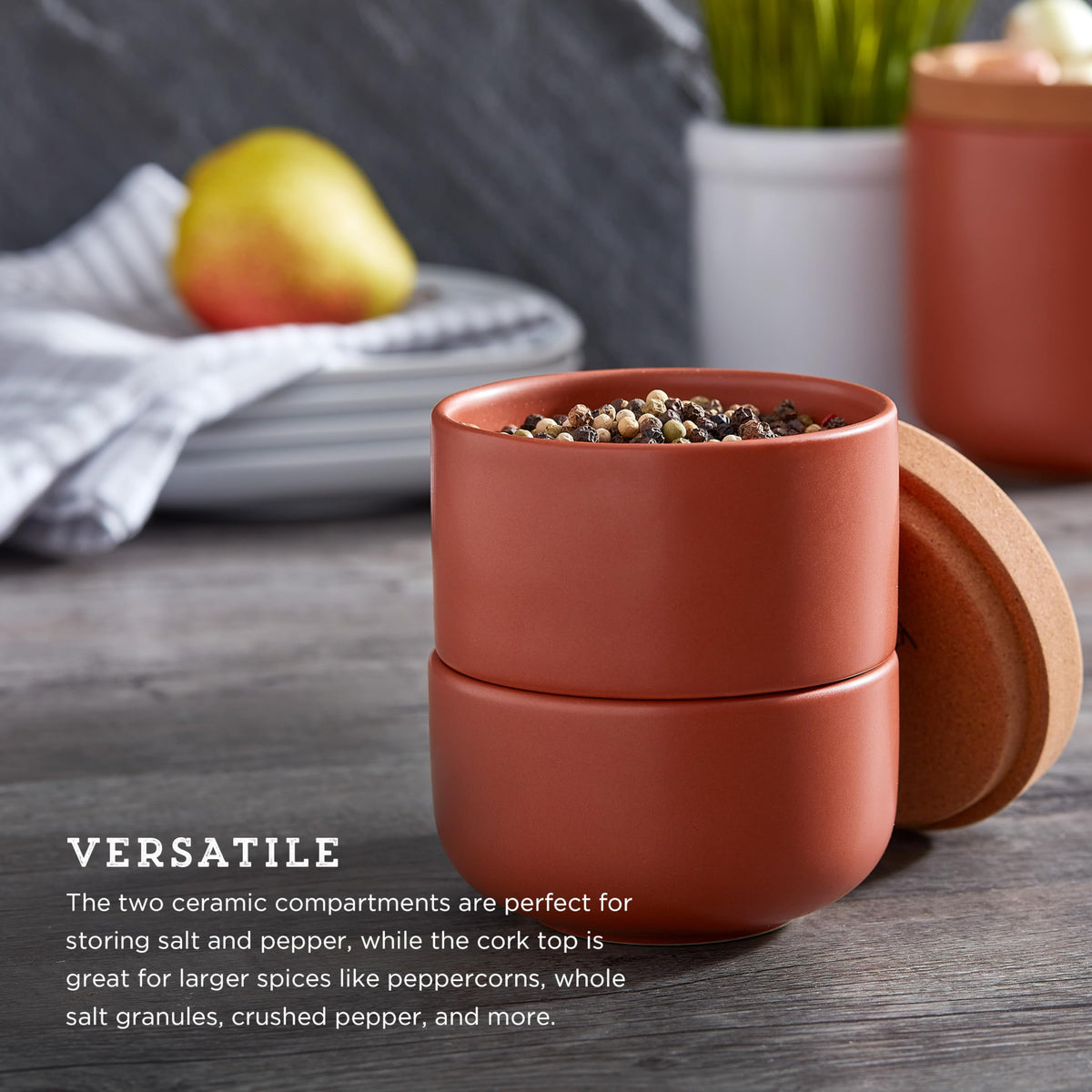 Cork and Ceramic Stackable Salt and Pepper Cellar For Countertop Space Saving; Easy Lift Lid to Retain Freshness