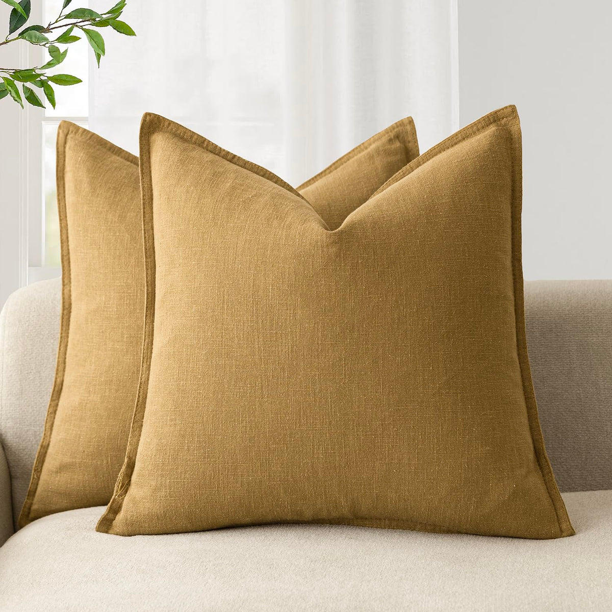Pack of 2 Decorative Linen Soild Throw Pillow Covers Soft Accent Cushion Case Boho Farmhouse Pillowcase for Chair Couch Sofa Bedroom Living Room Home Decor 24 x 24 Inch Honey Mustard (2 Count)